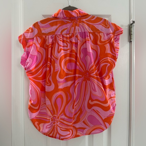 Karlie Women’s 70's Floral Button Cap Sleeve Blouse Large Pink Purple Orange - Picture 4 of 8